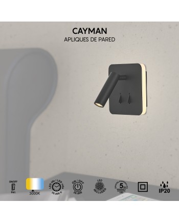 CAYMAN SQ* APLIQUE NEGRO LECTOR LED 3W+6W 3000K